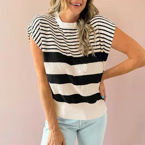 Black white Striped O Neck Sweater Vest