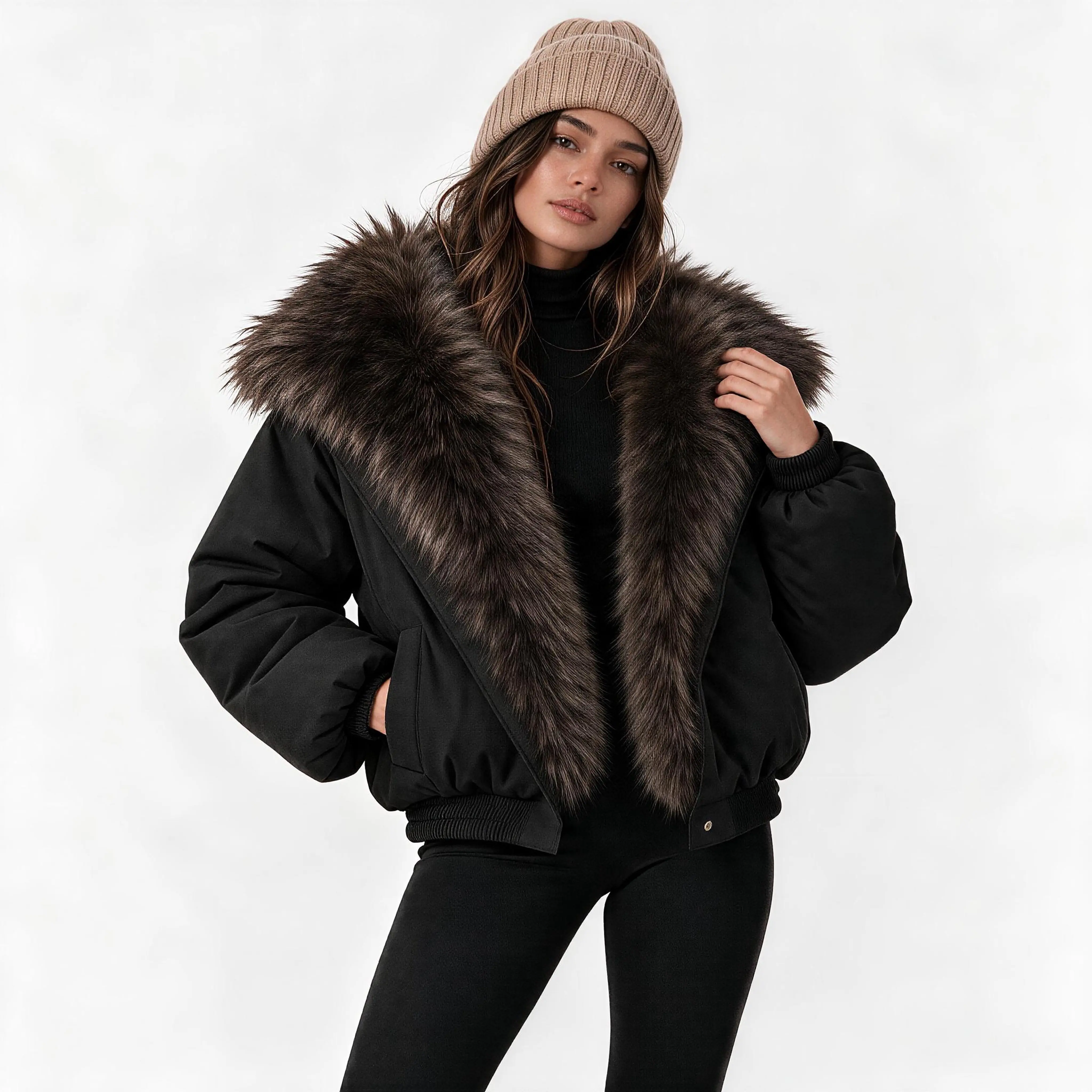 1057 Women’s Cropped Winter Jacket with Large Faux Fur Collar, Zip-Up Warm Insulated Short Coat with Side Pockets for Cold Weather Casual Daily Wear