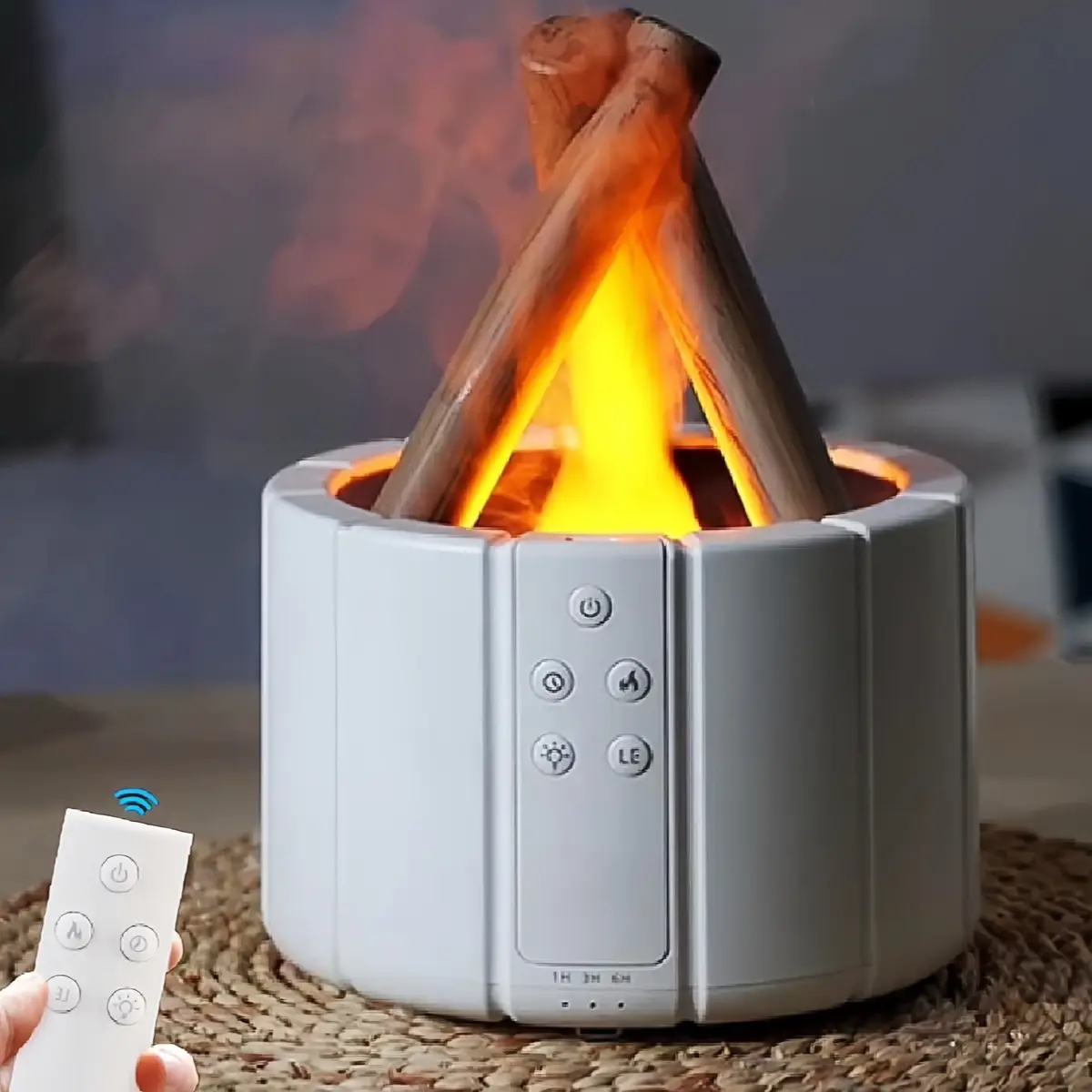 MOBECK Campfire Flame Fire Diffuser 250ml Wood Cool Mist Humidifier with Remote Control, Auto Shut-Off, Night Light & Gift (White)