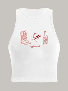Women's Summer Fashion Casual Sexy Tight-Fitting Round Neck Tank Top, Denim Accents and Letter Print, Vintage Western Cowboy Sleeveless Vest