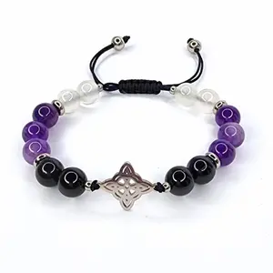 FIMENESS SELENITE, AMETHYST, TOURMALINE WITCH KNOT CONNECTOR CHARM MACRAME HAND MADE 8MM CRYSTAL BEADED BRACELET SILVER TONE STAINLESS STEEL NON TARNISH JEWELRY