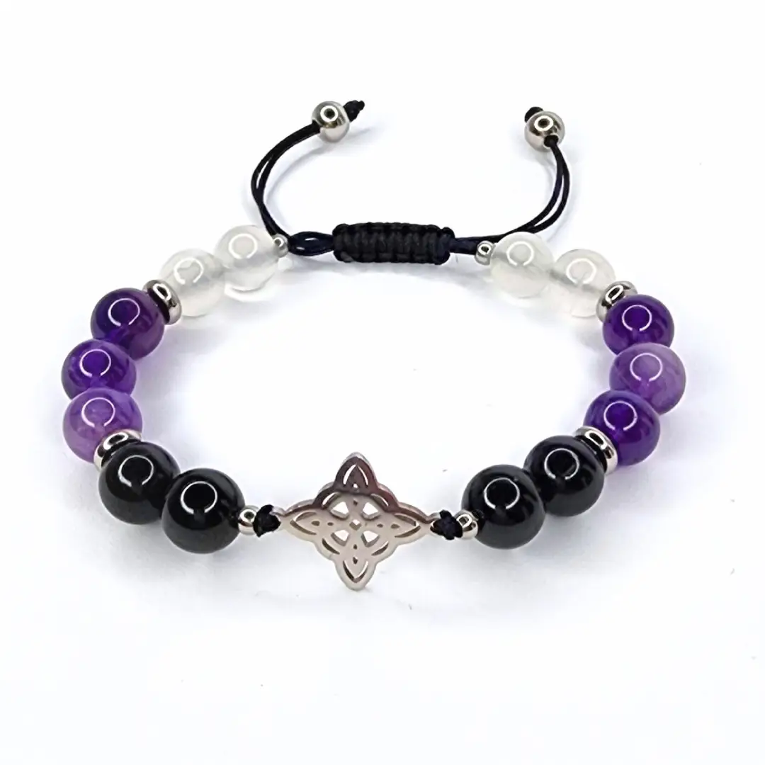 FIMENESS SELENITE, AMETHYST, TOURMALINE WITCH KNOT CONNECTOR CHARM MACRAME HAND MADE 8MM CRYSTAL BEADED BRACELET SILVER TONE STAINLESS STEEL NON TARNI