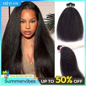 OQ HAIR Kinky Straight Hair Bundles 100% Virgin Human Hair Weaving Natural Black Color 3 4 Bundle Deals Double Weft Sew in Hair Extensions