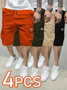 4-Pack 4counts 4pcs Summer Men's Short Pants, Menswear Casual Outdoor Workwear, Durable Plain Elastic Shorts with Multiple Pockets, Ideal Gift for Men