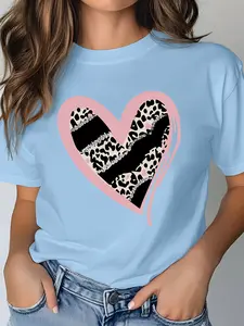 Women's Casual Short Sleeve Crew Neck T-Shirt, Pink Border Leopard Glitter Heart Print, Multiple Colors, Machine Washable, Spring & Summer Top, Soft Skin-Friendly Fabric, Daily Wear, Fashion Design