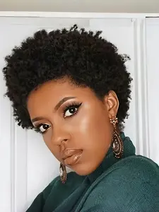 Short Brazilian Pixie Afro Kinky Curly Wig Natural Bob Wig with Bangs Human Hair Wigs For Women