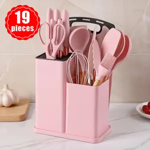 Practical and romantic   gift:19 piece set of kitchen knives with heat-resistant silicone tableware and wooden handle, including chef's knife,non stick pan and more kitchen utensils, fashionable white spoon non stick pan Cookware Stylish  Cooking Pans Set