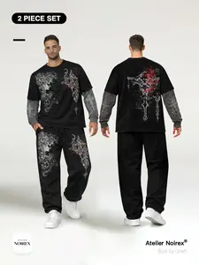 Men Women Angel Print Loose Fit Long Sleeve Graphic Tee & Wide Leg Jogger Pants Set, Casual Streetwear, Breathable Sportswear