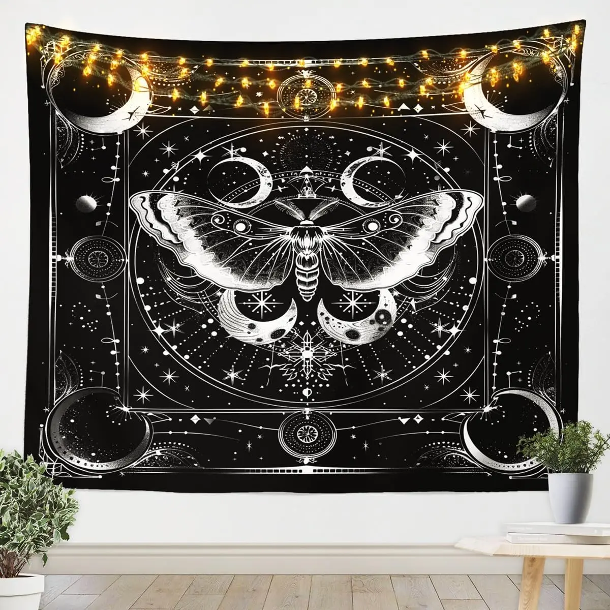 Feelyou Death Moth Wall Hanging Large 59"x82" Sun and Moon Tapestry for Kids Boho Moth Wall Blanket Teens Decor Gothic Black and White Wall Art