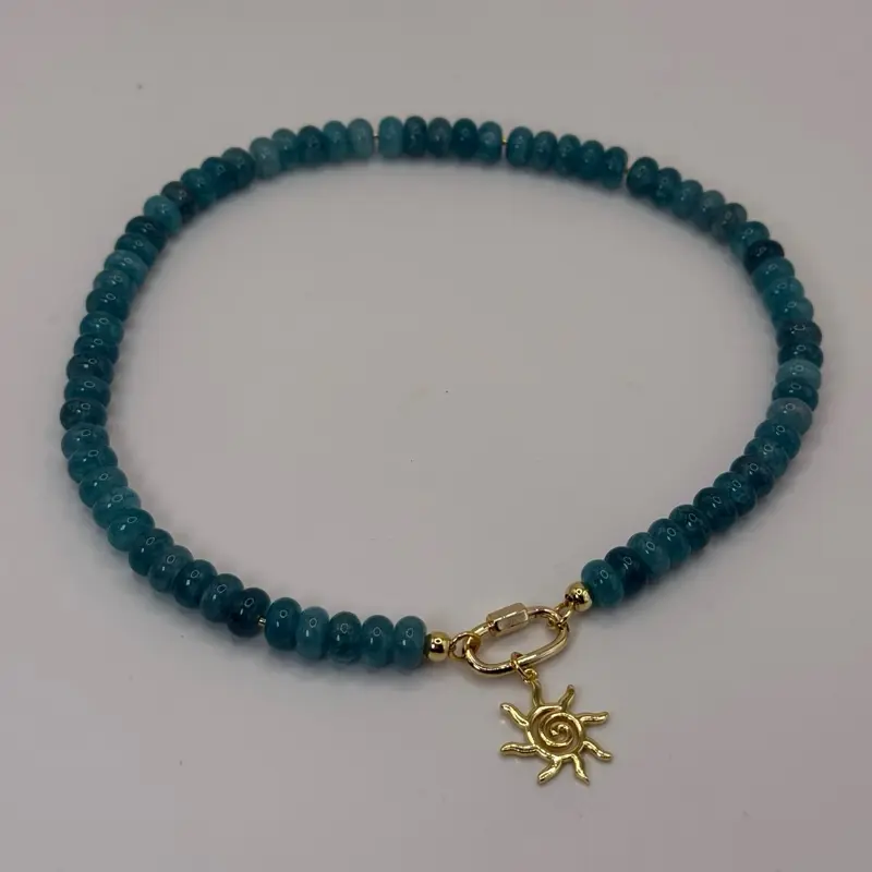 Blue Candy Necklace with a Beautiful Sun Pendant - Blue Beads & Gold Sun Charm Jewelry