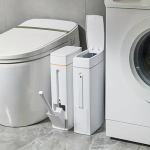 Space-saving ultra-thin corner trash can with toilet brush and holder, compact rectangular bathroom trash can with plastic design, no power required, compatible with toilet paper holders, Bathroom essentials accessories