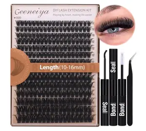 Geeneiya Volume Lash Clusters Kit DIY Lash Extension Kit D Curl Eyelash Extensions with Waterproof Lash Bond and Seal Waterproof Tweezers,10-16MM Cluster Lashes 300Pcs