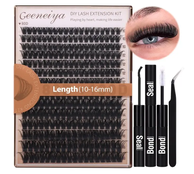 Geeneiya Volume Lash Clusters Kit DIY Lash Extension Kit D Curl Eyelash Extensions with Waterproof Lash Bond and Seal Waterproof Tweezers,10-16MM Cluster Lashes 300Pcs