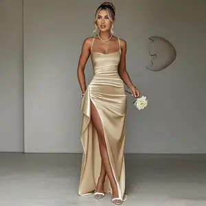 YL24531DGO-Womens Pleated Split Satin Evening Dress for Women Summer Formal Basic Maxi Dress