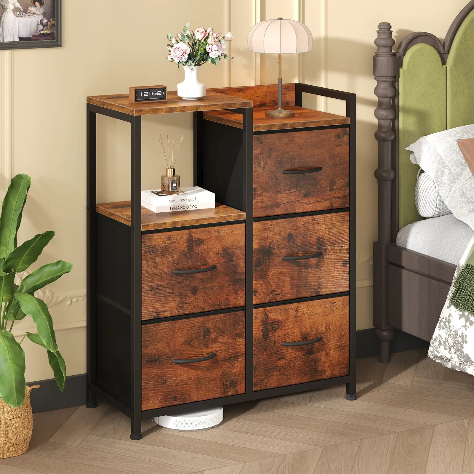 Sweetcrispy 5-Drawer Fabric Wood Dresser - 2-Tier Shelf, Sturdy Rustic Brown Clothes Drawers Organizer Cabinet, Modern Bedroom Apartment Furniture for Small Room Ideas, Drawer Organizer Cabinet