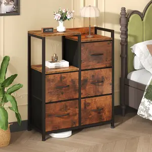 Sweetcrispy Bedroom Dresser - 5-Drawer Fabric, 2-Tier Shelf, Rustic Brown Indoor Storage Cabinet for Bedroom, Hallway