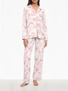 Women's Full Body Floral Print Pajamas Set, Long Sleeve Long Pants, Casual Fall & Winter Home Wear, Button Front Cardigan, Loungewear