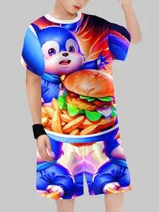 Cartoon Blueberry Burger Print Short Sleeve Shorts Set, Summer Casual Sports Two-Piece Set for Boys and Girls, Children