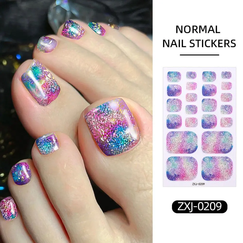 Rainbow Gradient Glitter Toe Nail Stickers Self-Adhesive Full Cover Nail Wraps DIY Pedicure Decoration for Summer Beach Party