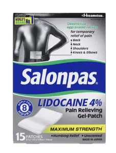 Salonpas Lidocaine 4% Pain Relieving Gel Patches 15-Count Strong Numbing Relief for Back Neck Shoulder Knee Elbow Pain Maximum Strength