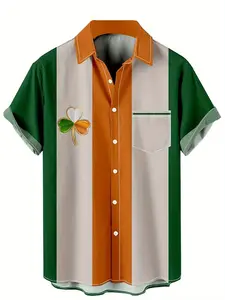 Men's Lightweight Button Up Shirt- Clover St. Patrick's Day Hawaiian Beach Shirt, Green and Orange Splicing Design, Front Button Style Suitable for Summer Parties, Vacation Casual Wear,