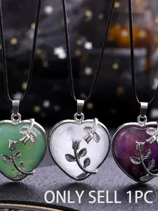 1pc Amethyst Rose Quartz Healing Crystal Necklace for Women Floral Design Flower Leaf Wire Wrapped Crystal Heart Gemstone Pendant Necklace Natural Stone Reiki Quartz Jewelry Mothers Day Gifts