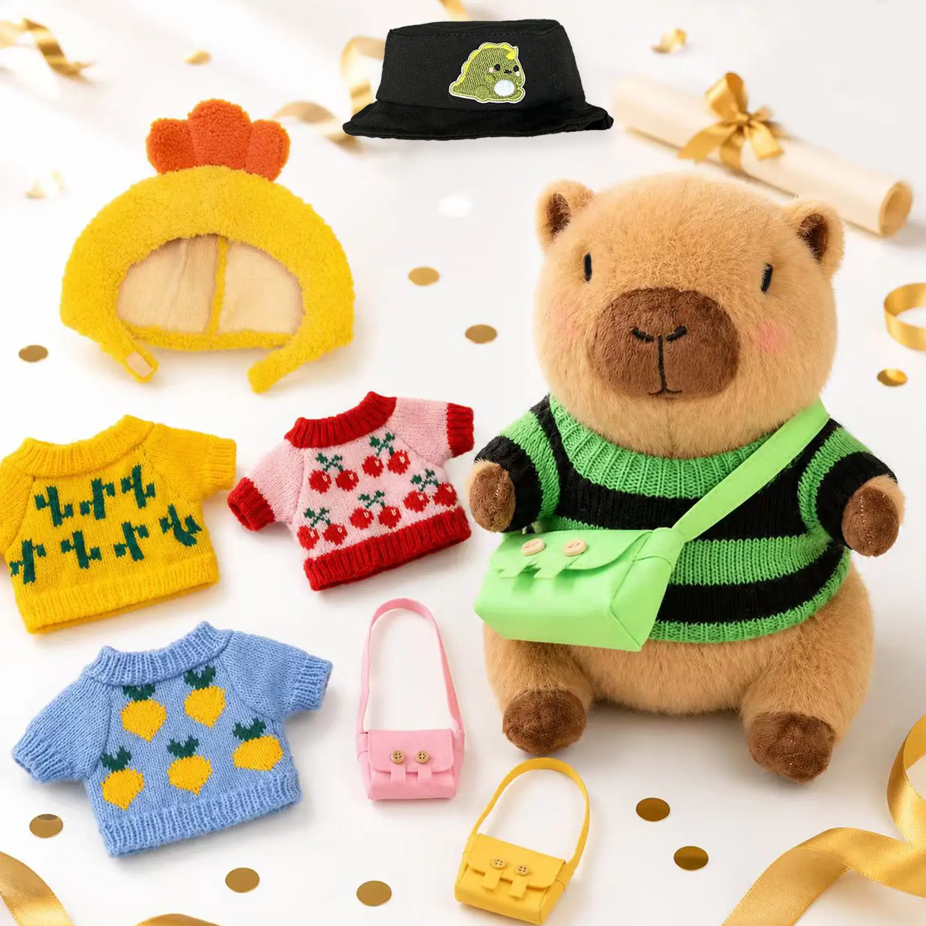 10.2-Inch Durable Soft Fluffy Capybara Sensory Plush with 9 Pcs Dress-Up Clothes & Accessories, Huggable Stuffed Toy Room Decoration, Stuffed Doll Birthday Gift for Kids, Soft Huggable