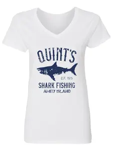 Women’s Quint's Shark Fishing Amity Island V-Neck T-Shirt, Distressed Shark Graphic Jaws Movie Tee, Casual Short Sleeve Retro Fishing Apparel, Perfect Gift for Jaws Fans and Horror Lovers