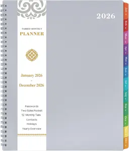 2026 Monthly Planner - 2026 Planner, JAN. 2026 - Dec. 2026, 8.5" x 11" Monthly Calendar, 12-Month Planner with Tabs & Pocket & Label, Contacts and Passwords, Thick Paper, -Wire Binding - Grey