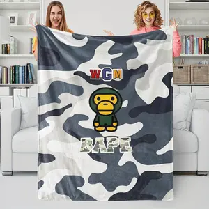 BAPE Baby Milo Camo Plush Sofa Bed Blanket, Iconic Camouflage Grey White Camo with Cartoon Monkey Plush Cozy Throw Blanket, Soft Smooth Thick Dense, Indoor Outdoor Use, Military Street Style Home Decor Gift for Fans, Soft Warm Blanket