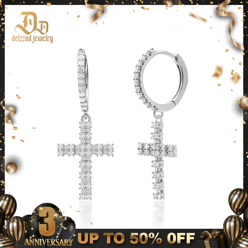 Delzzad Bling Cross Clip Hoop Earrings VVS Synthetic Moissanite Earrings Jewelry S925 Studs Perfect Birthday Mother’s Day Christmas Gift for Men Women Silver Earrings Golden Earrings Wedding Set