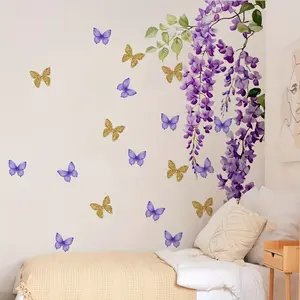 A (30*60cm) purple vine butterfly flower wall sticker for living room, bedroom, bathroom, home background decoration, self-adhesive M18572 Floral Pattern Sticker