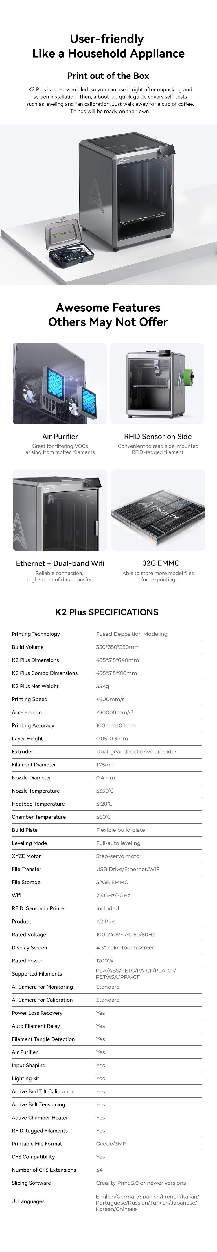 Creality K2 Plus 3D Printer - Support Multi-color, 600mm/s Printing Speed, Dual-Gear Direct Drive Extruder, Dual Hands-Free Auto Leveling, AI Features