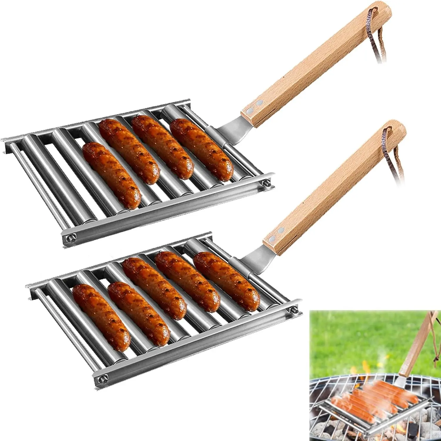 2 Pack Hot Dog Roller for Grill, Stainless Steel Hot Dog Grill Roller Rack with Wooden Handle, BBQ Sausage Holder for Outdoor Camping Barbecue Accessories, Great Gift for Grill Lovers