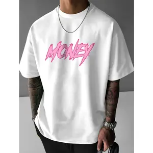 Men's Bold "MONEY" Graffiti-Style T-Shirt - Vibrant Pink & White, 100% Cotton, Breathable, Round Neck - Casual All-Season Fashion Tee, Machine Washable
