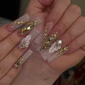 24 Pcs Wearable Nails, Luxury French Rhinestone 3D Flower False Nails, Long Trapezoid Gradient Nail Tips, Reusable Detachable Nail Art