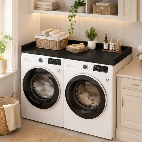 54"x27.5" Sturdy Premium Wood Laundry Washer & Dryer Countertop - Sleek Modern Organizer Board, 54" Fold Station, Pre-Drilled Holes, Non-Slip Pads, Round Corner Rails, Moisture-Wear Resistant, Long-Lasting Finish, Prevents Lost Items, Easy Install