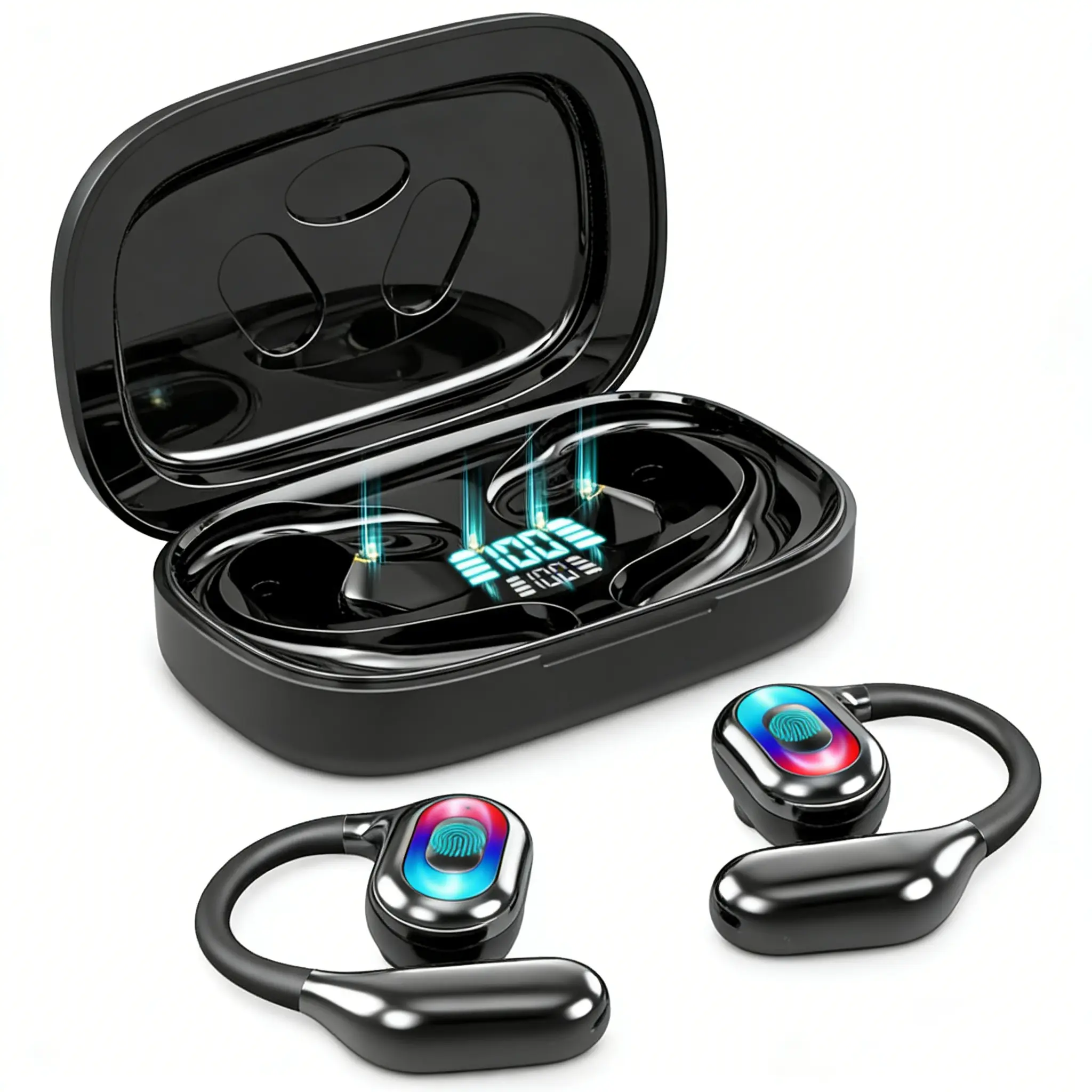 Open-Ear Wireless Bluetooth Earbuds - Ultra-Lightweight, Sweatproof, Waterproof, 56-Hour Battery Audio Headset with Earbud-Style, Handsfree, Smartphone-Connected Design for Running (Black), Open Ear Earphones, Bluetooth Open-Ear Headphones