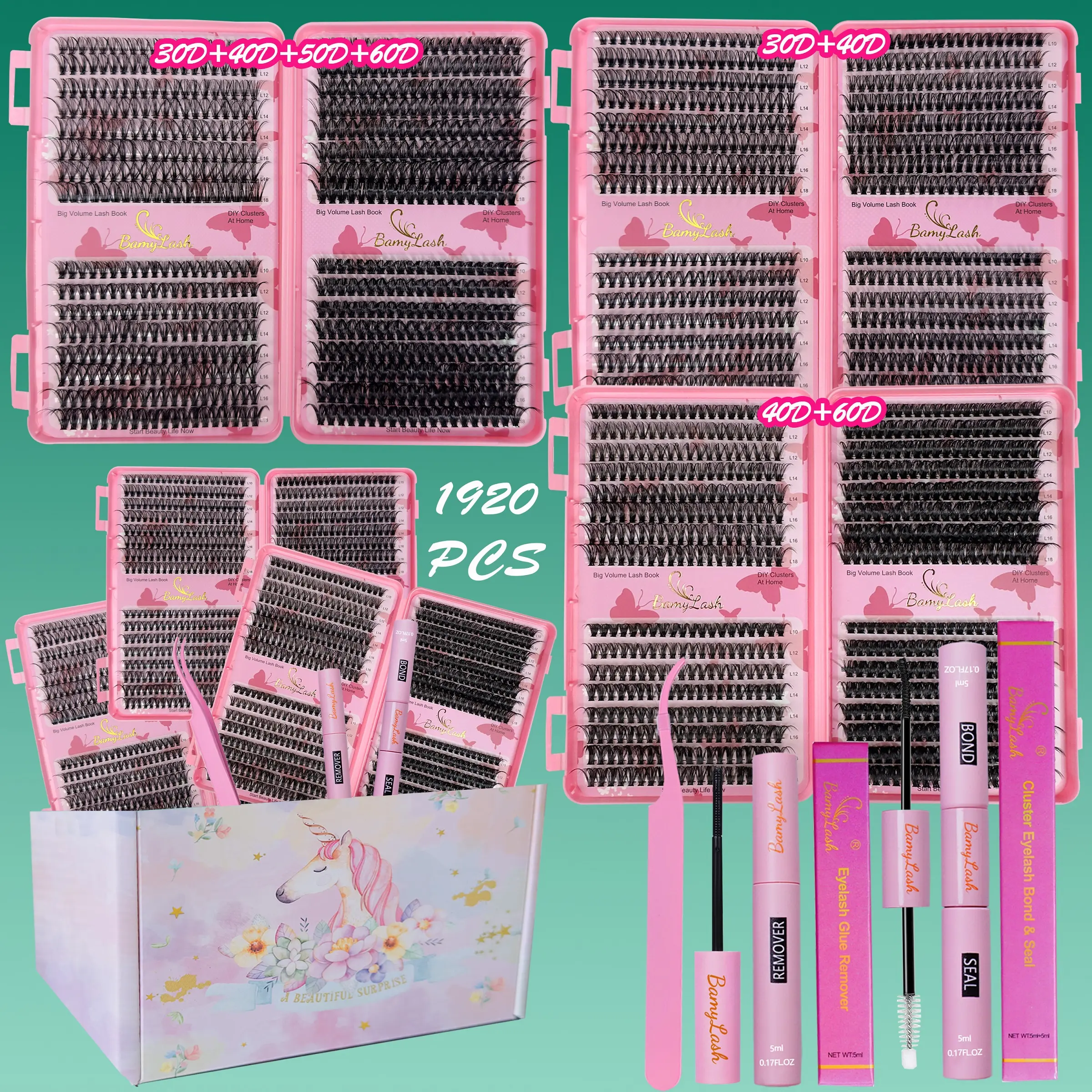 1920PCS 3 Boxes Lash Books Natural Wispy Cluster Lash Set, DIY Eyelash Clusters, 3D Wispy Cluster False Eyelashes with Bond Seal Remover Applicator, Eyelash Extension Glue, Diy Eyelash Extensions, DIY Lash Extension Kit