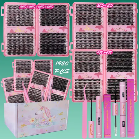 1920PCS 3 Boxes Lash Books Natural Wispy Cluster Lash Set, DIY Eyelash Clusters, 3D Wispy Cluster False Eyelashes with Bond Seal Remover Applicator, Eyelash Extension Glue, Diy Eyelash Extensions, DIY Lash Extension Kit