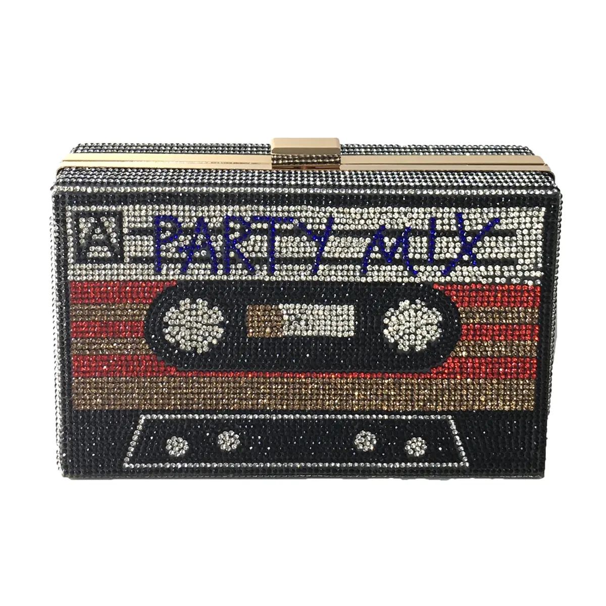 Fashion Culture Party Mix Retro Cassette Tape Kitsch Crystal Box Clutch Crossbody, Multi, Crystal Embellished, Crossbody Straps, Crystal Rhinestones