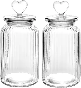 Set of 2 Airtight Glass Jars, 45oz Jar of Hearts Cute Cookie Jar Decorative Jars with Lids Candy Jars for Candy Buffet Heart Shaped Lid - Stripes Textured