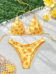 Two-piece Set Women's Floral Print Bikini Set, Casual Fashion Chic Swimsuit Set, Two-piece Swimwear Set for Beach Holiday Vacation, Ladies Summer Clothes, Swimsuit Style Bikini, Color Block Bikini