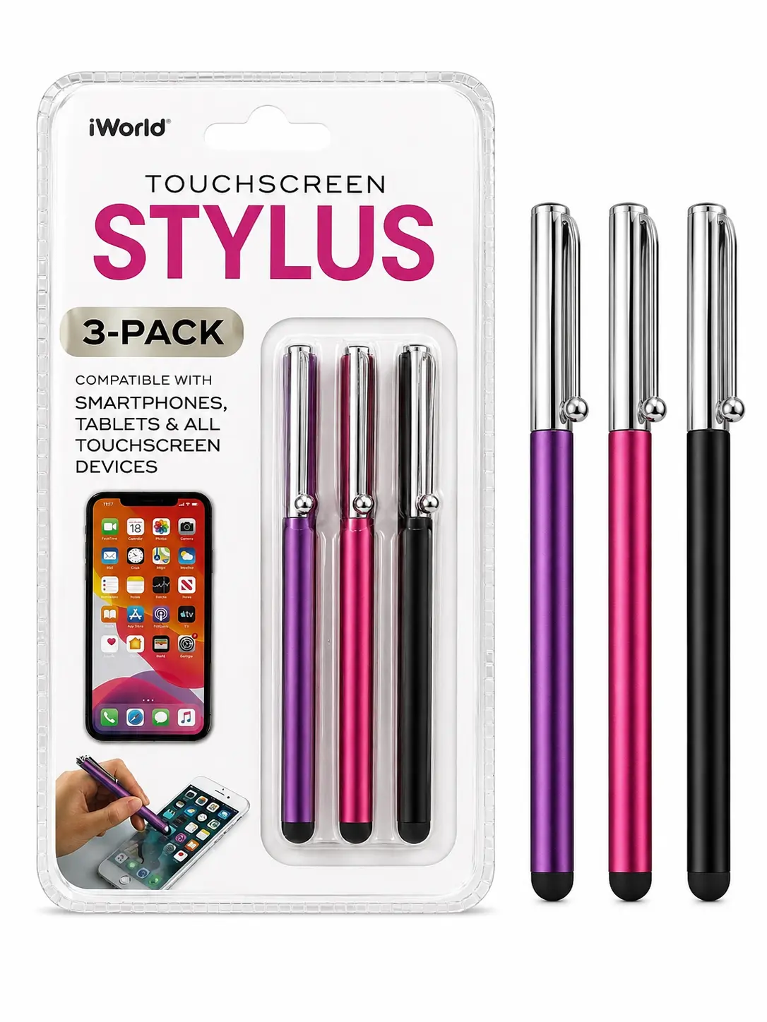iWorld Touchscreen Stylus 3-Pack - Black, Purple & Pink, Universal Capacitive Stylus Pens