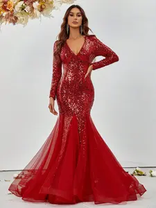 Elegant V Neck Long Sleeve Mesh Insert Sequin Mermaid Dress