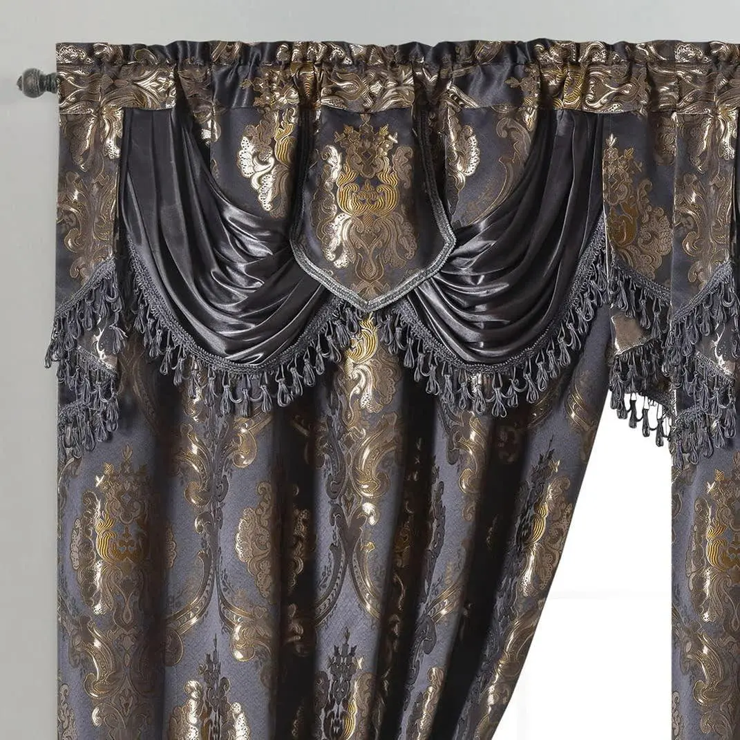 Luxe Love. Jacquard Window Curtain Panel Drape with Attached Fancy Valance. 2 count Set. (Deep Grey, 54" Wide x 84" Drop with 18" Valance x 2 count)