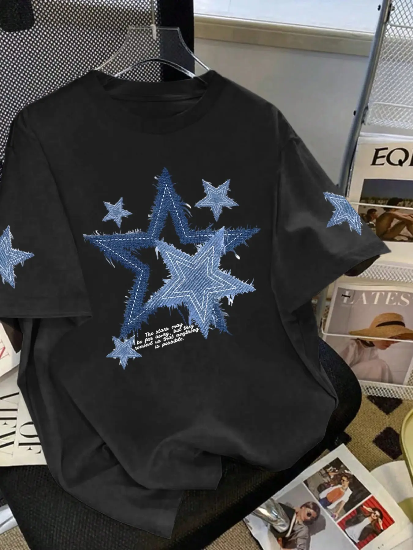 Women's Denim Star Print Loose Fit Round Neck Short Sleeve T-Shirt, Cute American Tee, Summer Fashion Comfortable Top, Soft Breathable Fabric, Casual Wear, Breathable T Shirts, Casual Everyday Top, Streetwear, Casual Tops