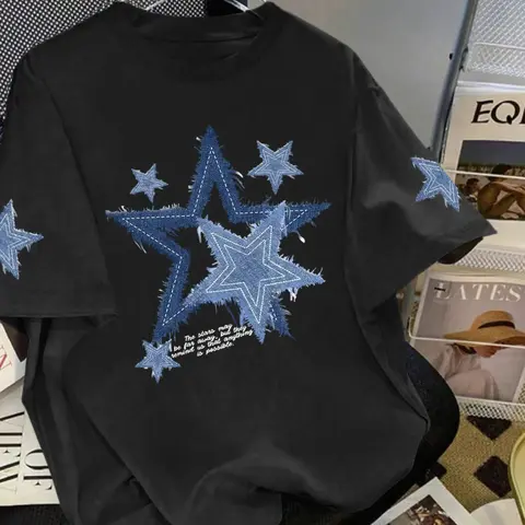 Women's Denim Star Print Loose Fit Round Neck Short Sleeve T-Shirt, Cute American Tee, Summer Fashion Comfortable Top, Soft Breathable Fabric, Casual Wear, Breathable T Shirts, Casual Everyday Top, Streetwear, Casual Tops