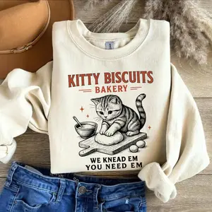 Funny Cat Sweatshirt, Sourdough Bread Kitty Biscuit Sweater Silly Cat Meme Crewneck, Bakery Baker Gift For Cat Lover