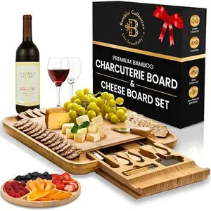 Charcuterie Boards Gift Set - Bamboo Cheese Board Set Charcuterie Tray & Serving Platter for Hosting & Entertaining, Wooden Cheese Platter, Kitchen Gifts for Women, Gifts for Home, Wedding & Birthday
